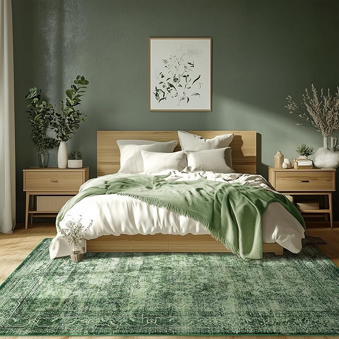 6x9 ft Washable Area Rug, Non-Slip, Boho Green Rug for Living Room, Bedroom, Patio & Outdoor Use - Stylish, Durable, and Comfortable Area Rugs