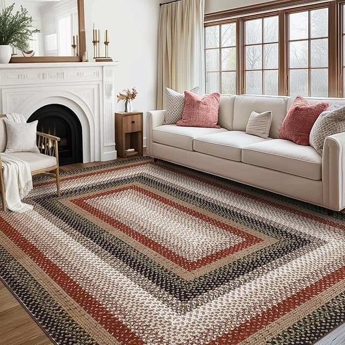 Imitation Braided Collection-Print Washable Area Rugs 10x13 Living Room Rug Modern Bedroom Rug Farmhouse Soft Large Area Rug Non Slip Throw Rugs Stain Resistant Carpet for Nursery Dining Room