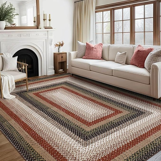 Imitation Braided Collection-Print Washable Area Rugs 10x13 Living Room Rug Modern Bedroom Rug Farmhouse Soft Large Area Rug Non Slip Throw Rugs Stain Resistant Carpet for Nursery Dining Room
