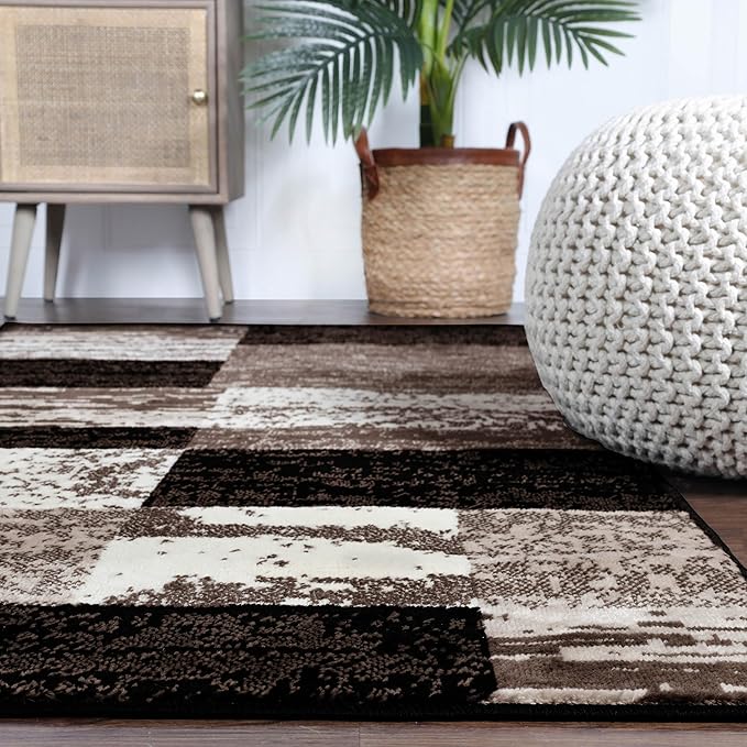 Superior Indoor Area Rug, Jute Backing, Plush Modern Rugs for Entryway, Kitchen Floors, Office Floor Cover, Color Block Rugs, Rockwood Collection, 5' x 5', Chocolate