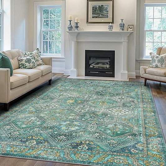 Bavni 6x9 Area Rugs for Living Room, Machine Washable Rug Non Slip, Vintage Chenille Distressed Print Carpet, Large Low Pile Ultra-Thin Lightweight Rugs for Bedroom, Dining Room, Home, Office, Cyan