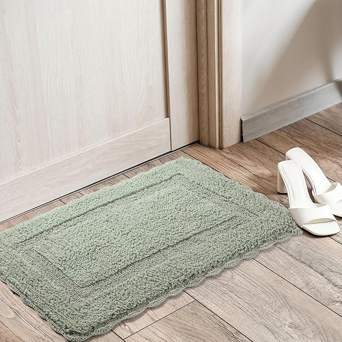 Cotton Crochet Bathmat with Antiskid 17x24 Sage Green, 100% Pure Cotton, Super Soft White, Plush & Absorbent, Hand Tufted Heavy Weight Construction, Full Reversible Step Out Rugs