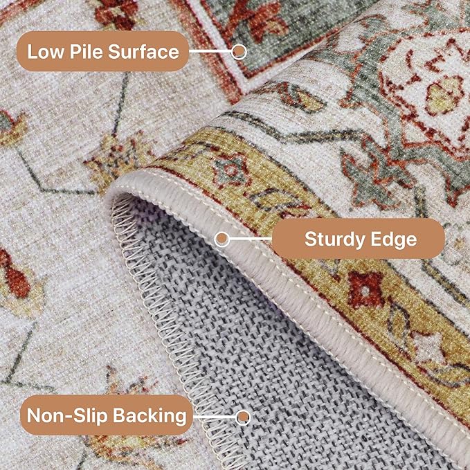 2X10 Area Rugs Machine Washable Runner Rugs for Living Room, Vintage Boho Rugs for Bedroom Dining Room, Non Slip Indoor Soft Distressed Lightweight Thin Low Pile Carpet, Yellow Slate Green