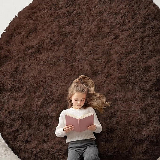 OLANLY Coffee Round Rugs for Bedroom - Machine Washable, 9x9 Feet Circle Area Rugs for Living Room, Soft and Fluffy Shaggy Carpet for Teen Girls and Boys, Dorms, Nursery Rooms, Home Decor Aesthetic