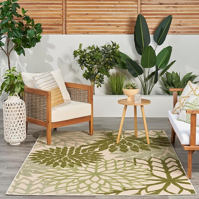 Nourison Aloha Tropical Indoor/Outdoor Ivory Green 6' x 9' Area Rug, Easy Cleaning, Non Shedding, Bed Room, Living Room, Dining Room, Backyard, Deck, Patio (6x9)