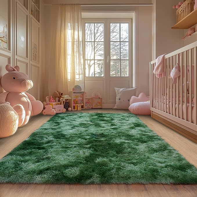 Tie-Dyed Green Fluffy Rug for Bedroom 9x12 ft Large Rug - Ultra Soft & Non Slip Shaggy Area Rug, Comfy Durable Carpet for Living Room Kids Room Teens Dorm Home Decor, 1.7'' Thick Indoor Carpets