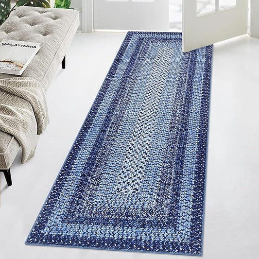 Washable Runner Rug 2x8 Bathroom Rugs Blue Modern Printed Braided Bedroom Rug Non Slip Geometric Area Rug Kitchen Rugs Stain Resistant Carpet for Laundry 2'x8' Navy Blue