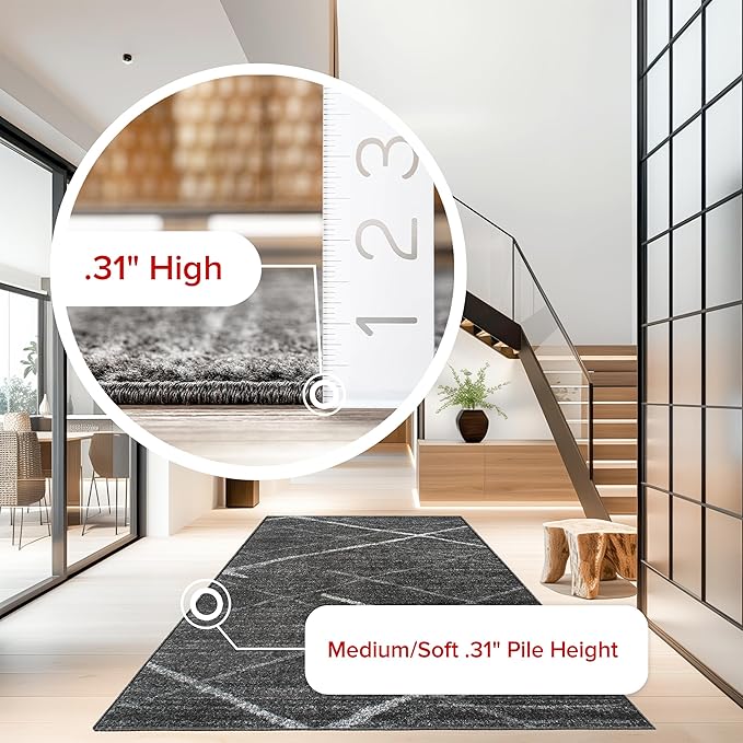 nuLOOM 2x14 Thigpen Contemporary Area Rug, Charcoal, Abstract Lines, Non-Slip Backing, Stain Resistant, For Bedroom, Dining Room, Living Room, Hallway, Office, Kitchen, Entryway