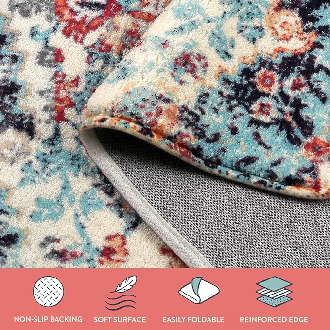Lahome Bohemian Floral Medallion Area Rug - 2x3 Oriental Distressed Small Bath Rug Country Vintage Doormat Faux Wool Non-Slip Washable Low-Pile Carpet for Bathroom Kitchen Laundry Room Decor