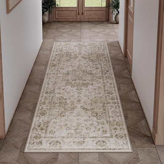 2x5 Washable Neutral Runner Rug Taupe Hallway Kitchen Non-Slip Low Pile Floral Carpet Vintage Soft Thin Small Throw Rug for Entryway Bathroom Bedroom Indoor Entrance