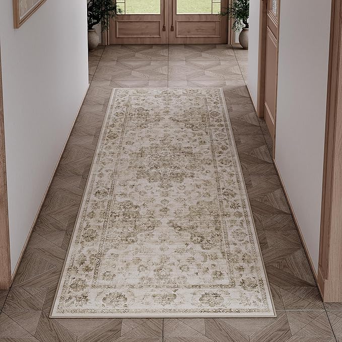 2x5 Washable Neutral Runner Rug Taupe Hallway Kitchen Non-Slip Low Pile Floral Carpet Vintage Soft Thin Small Throw Rug for Entryway Bathroom Bedroom Indoor Entrance