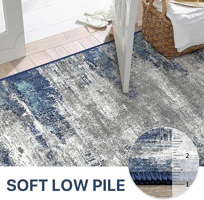 Bavni Area Rugs 9x12 Living Room, Modern Machine Washable Rugs Non-Slip, Abstract Soft Large Rug for Bedroom, Dining Room, Office, Playroom, Blue/Ivory