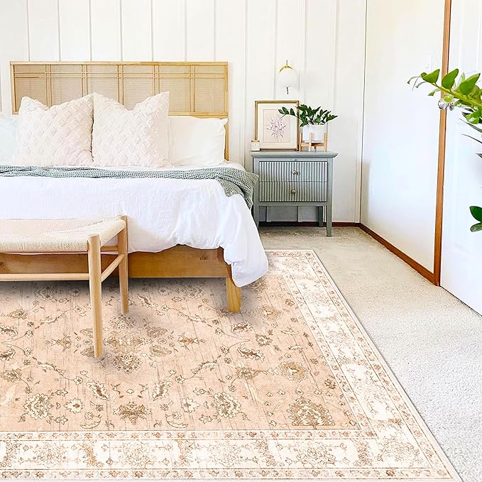 5x7 Washable Foldable Thin Area Rug Tangerine Vintage Rug Traditional Floor Cover Retro Indoor Distressed Non Slip Carpet Floral Print Bedroom Living Room Bathroom Mat