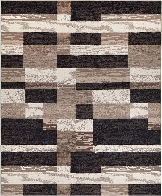 SUPERIOR Indoor Area Rug, Foam Backed, Modern Geometric Patchwork Floor Decor for Bedroom, Office, Living Room, Entryway, Hardwood Floors, Rockwood Collection, 10' x 14', Chocolate