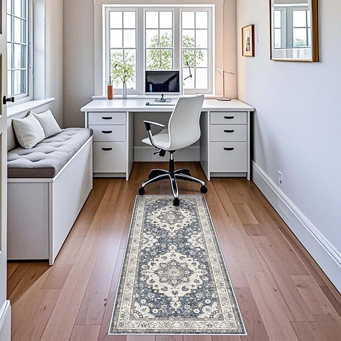 2x5 Washable Entryway Runner Rug: Vintage Low Pile Rugs for Kitchen Bedroom Oriental Stain Resistant Hallway Bathroom Carpet Accent Floor Mat with Non-Slip Backing for Laundry Home Office (2x5,Blue)