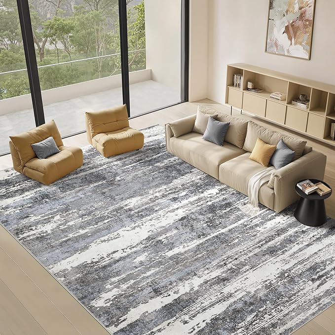 Area Rugs for Living Room: 6x9 Abstract Washable Rug Modern Neutral Large Soft Stain Resistant Non-Slip Backing Machine Table for Bedroom Dining Room Indoor Home Office Carpet - Navy/Grey