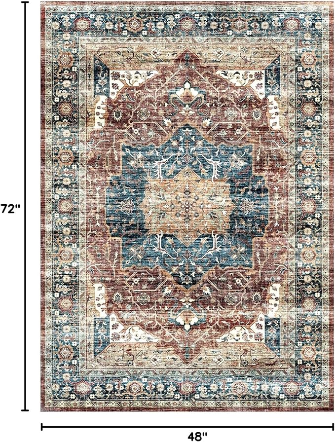 Washable Rugs 4x6, Stain Resistant Lightweight Anti-Skid Rugs for Living Room, Distressed Vintage Boho Red Rug Floor Carpet Bedroom Dining Room Office