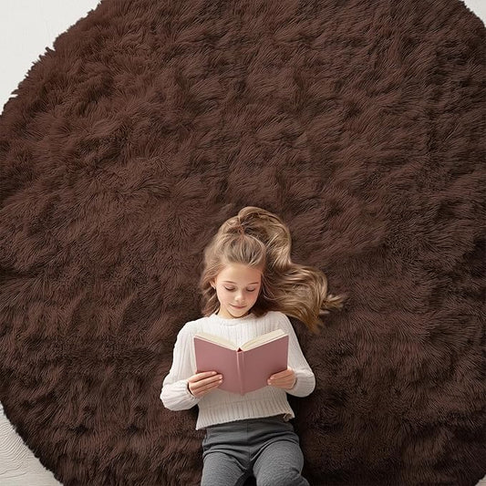 OLANLY Coffee Round Rugs for Bedroom - Machine Washable, 8x8 Feet Circle Area Rugs for Living Room, Soft and Fluffy Shaggy Carpet for Teen Girls and Boys, Dorms, Nursery Rooms, Home Decor Aesthetic
