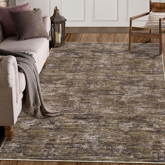 4x6 Area Rug, Machine Washable for Living Room, Solid Bedroom Rug, Non-Slip Low Pile Large Dining Room Carpet, Contemporary for Entryway Home Decor, Brown