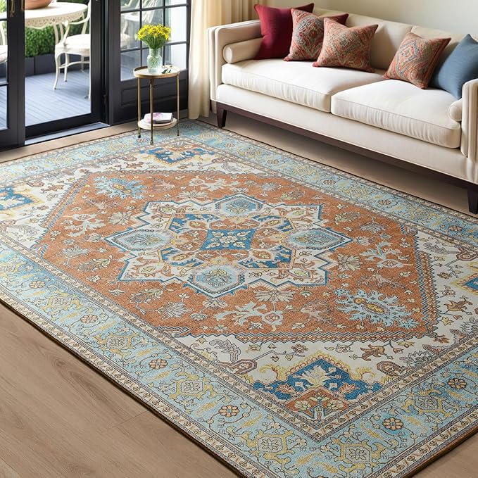 YJ.GWL Large Area Rug for Living Room, 5x7 Machine Washable Boho Rug for Bedroom, Low Pile Lightweight Thin Rugs Floral Vintage Distress Print Pattern Carpet for Dining Room, Brick/Multi