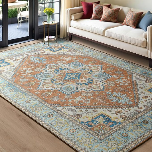 YJ.GWL Large Area Rug for Living Room, 5x7 Machine Washable Boho Rug for Bedroom, Low Pile Lightweight Thin Rugs Floral Vintage Distress Print Pattern Carpet for Dining Room, Brick/Multi