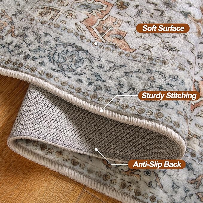 2.6x8 Washable Runner Rug for Hallways, Non Slip Vintage Runner Rugs, Soft Low Pile Long Rugs Print Distressed Taupe Carpet Runners for Kitchen Bedroom Entryway Bathroom Living Room