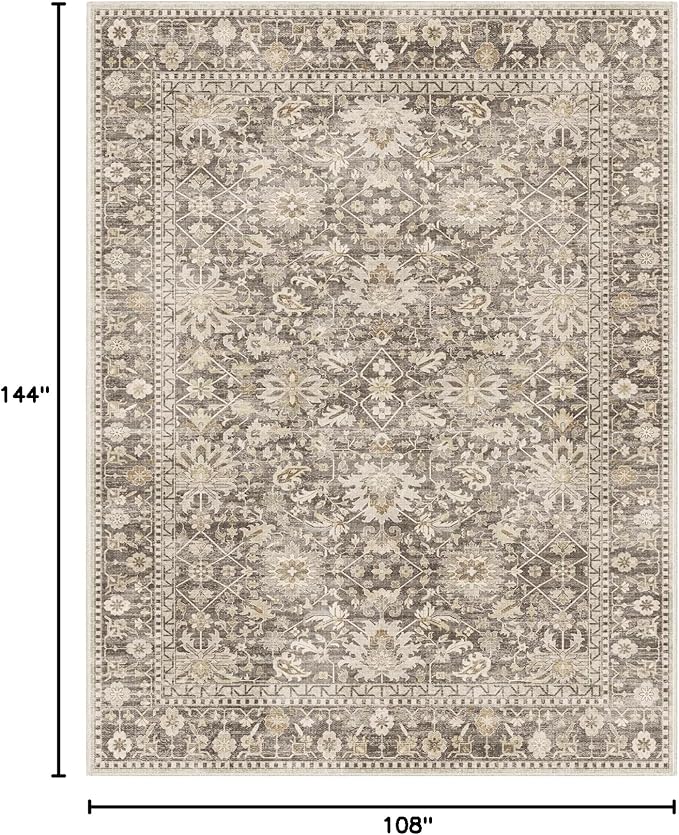 9X12 Area Rugs Machine Washable Rugs for Living Room Bedroom Hallway, Non Slip Indoor Soft Accent Distressed Boho Vintage Print Lightweight Thin Low Pile Carpet (Coffee, 9x12)