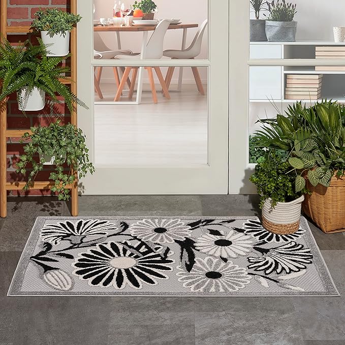 Nourison Aloha Indoor/Outdoor Black White 2'8" x 4' Area Rug, Easy Cleaning, Non Shedding, Bed Room, Living Room, Dining Room, Backyard, Deck, Patio (3x4)