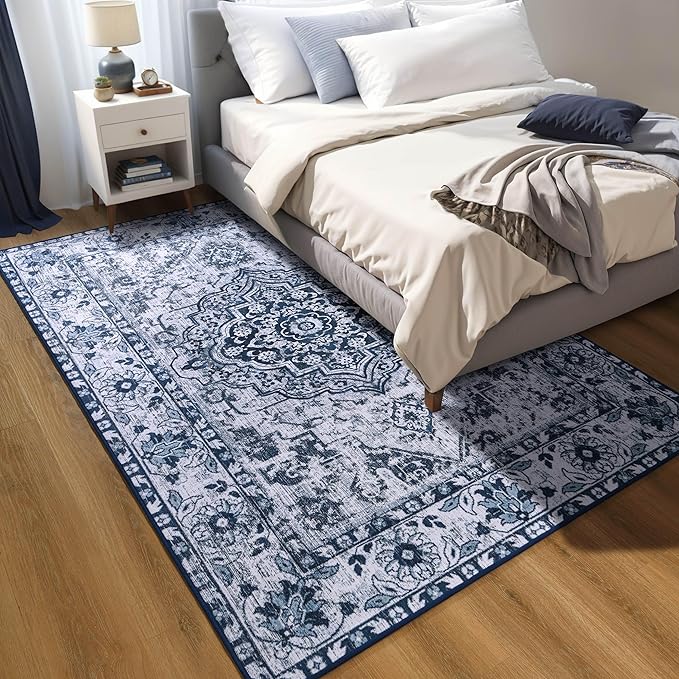 YJ.GWL Area Rug for Living Room, 3x5 Machine Washable Boho Rug for Bedroom, Low Pile Lightweight Thin Rugs Floral Vintage Distress Print Pattern Carpet for Dining Room Kitchen, Blue/White