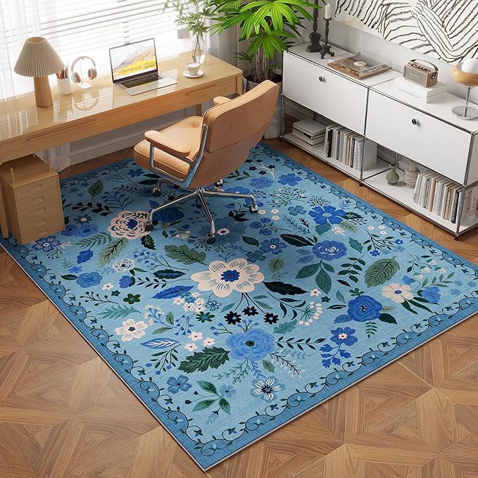 Bedroom Rug 3x5 Rug Washable Area Rug Non Slip Low Pile Boho Floral Small Carpet for Bedroom, Bedside, Kitchen, Entryway, Kids Room, Office, College Dorm Essentials for Girls(Blue)