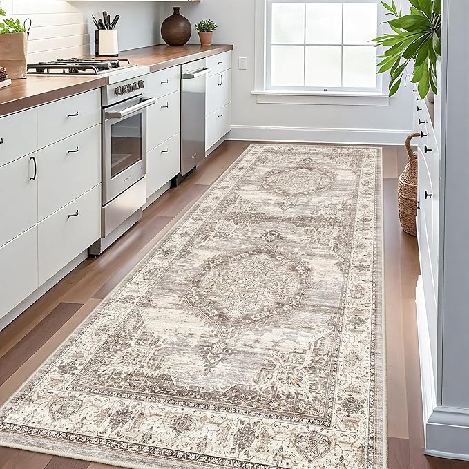 Washable Hallway Runner Rugs 4x10: Soft Ultra Thin Low Pile Carpet Machine Washable Indoor Lightweight Rug Runner Anti Slip Backing Rugs for Living Room Bedroom Kitchen 4'x10' Beige