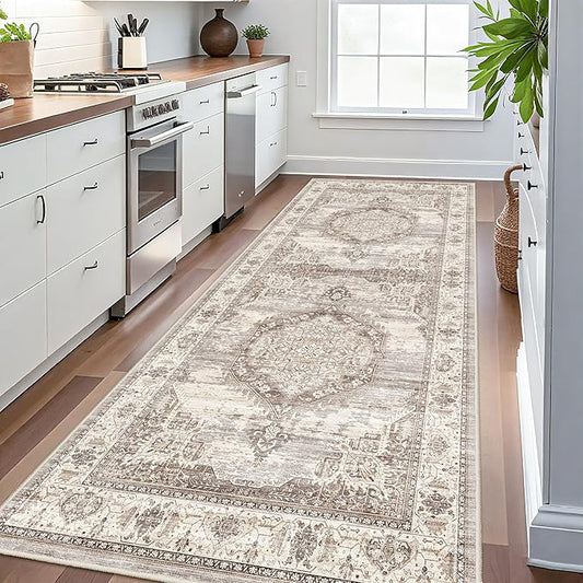 Washable Hallway Runner Rugs 4x10: Soft Ultra Thin Low Pile Carpet Machine Washable Indoor Lightweight Rug Runner Anti Slip Backing Rugs for Living Room Bedroom Kitchen 4'x10' Beige