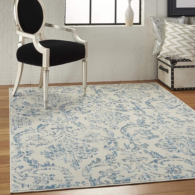 Nourison Jubilant Damask Ivory/Blue 5'3" x 7'3" Area -rug, Easy -cleaning, Non Shedding, Bed Room, Living Room, Dining Room, Kitchen (5x7)