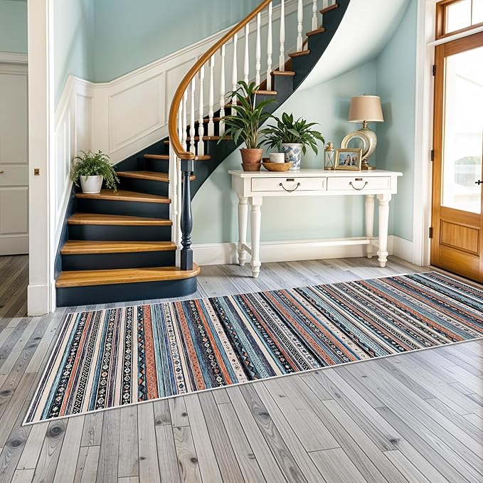 4x10 Rug Washable Living Room: Non-Slip Southwestern Striped Runner for Bedroom Hallway Entry - Farmhouse Low Pile Stain Resistant Long Thin Floor Carpet 4x10 Blue/Black/Multi