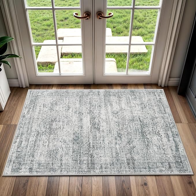 2x3 Washable Rugs for Kitchen, Floor, Entryway, Powder Room Small Area Rug Non-Slip Vintage Low Pile Throw Door Mat Grey