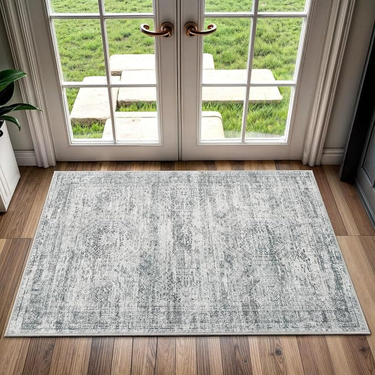 2x3 Washable Rugs for Kitchen, Floor, Entryway, Powder Room Small Area Rug Non-Slip Vintage Low Pile Throw Door Mat Grey