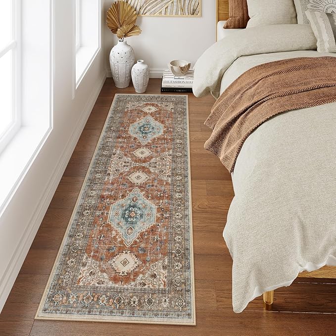Lahome Oriental Washable Hallway Runner Rug, 2x6 Runners for Hallways Non Slip Ultra-Thin, Vintage Soft Long Carpet for Kitchen Bathroom Bedroom Laundry Room, Orange/Multi