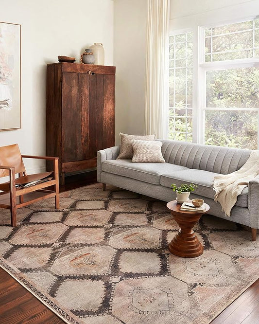 Loloi II Wynter Collection WYN-08 Graphite/Blush 5'-0" x 7'-6", .13" Thick, Area Rug, Soft, Durable, Printed, Vintage Inspired, Low Pile, Non-Shedding, Easy Clean, Living Room Rug