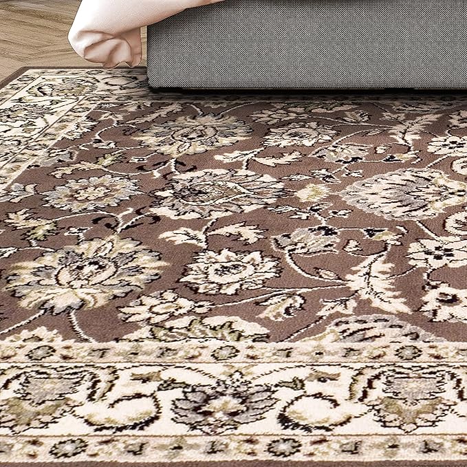 Superior Indoor Area Rug, with Jute Backing, Chic Bordered Floor Decor for Living Room, Bedroom, Office, Entryway, Kitchen, Dining, Floral Design, Lille Collection, 6' x 9', Brown