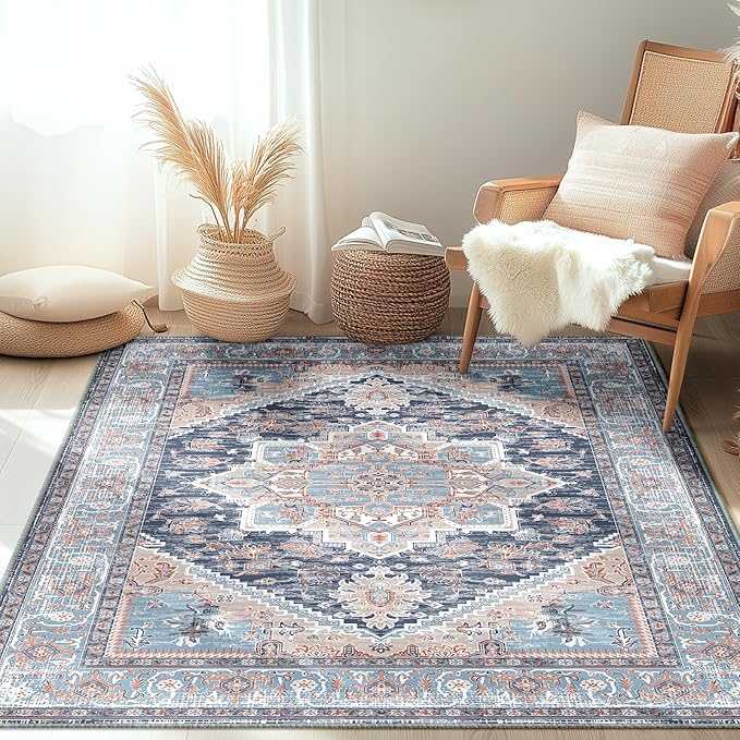 BESTSWEETIE 3x5 Area Rugs for Living Room Washable Non Slip Carpet Low Pile Soft Vintage Print Pattern Rug for Bedroom Dining Room Kitchen Entryway Indoor-Navy Blue/Light Blue/Natural/Brick