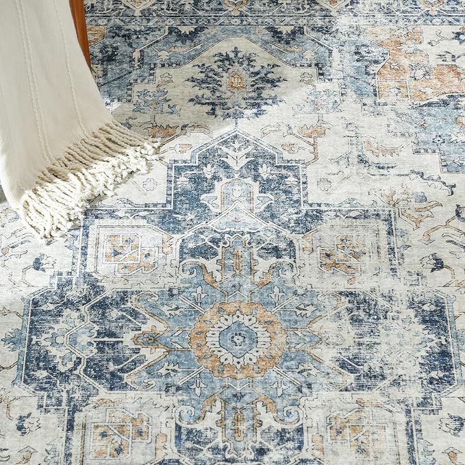 jinchan Runner Rug 2x10-2pcs Hallway Rug Kitchen Washable Runner Vintage Mat Retro Lightweight Non-Slip Floor Cover Distressed Thin Carpet for Entryway Bathroom Bedroom Laundry Room Stairway Blue