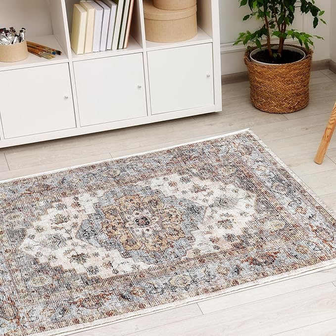 2x3 Machine Washable Area Rugs Boho Vintage Design Rug for Living Room, Bedroom, Kitchen, Soft Non-Slip Indoor Rug, Tawny/Aqua-Print Design