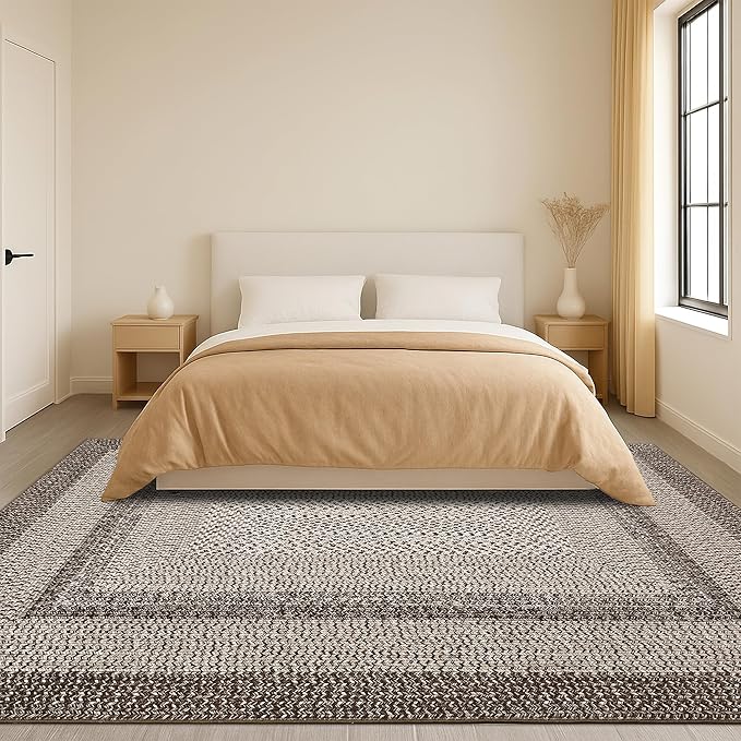 Imitation Braided Collection-Print Modern Area Rug 5x7 Washable Rug Non Slip Non Shedding Farmhouse Floor Cover, Ultra-Thin Foldable Carpet for Bedroom, Living Room Dining Room