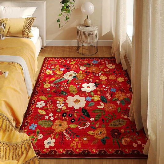 Bedroom Rug 3x5 Rug Washable Area Rug Non Slip Low Pile Boho Floral Small Carpet for Bedroom, Bedside, Kitchen, Entryway, Kids Room, Office, College Dorm Essentials for Girls(Red)