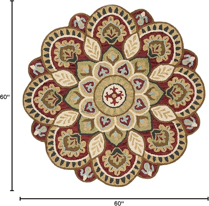 SAFAVIEH Novelty Collection Area Rug - 5' Round, Red & Taupe, Handmade Boho Floral Rustic Country Wool, Ideal for High Traffic Areas in Living Room, Bedroom (NOV604Q)
