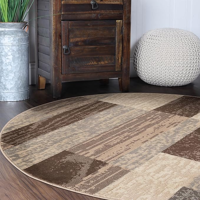 SUPERIOR Indoor Area Rug, Jute Backed, Modern Geometric Patchwork Floor Decor for Bedroom, Office, Living Room, Entryway, Hardwood Floors, Rockwood Collection, 5' Round, Slate