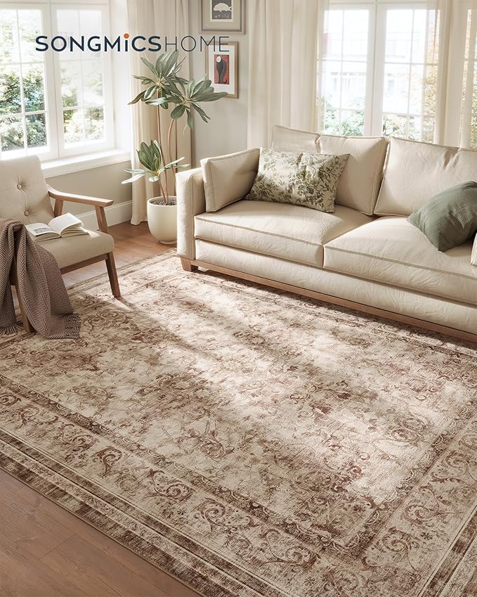 SONGMICS HOME Area Rug, 8x10 ft Living Room Rug, Non-Slip Carpet, Farmhouse Style Rug, Home Decor, for Bedroom, Kitchen, Entryway, Dining Room, Machine Washable, Cappuccino Beige UTAR088K01