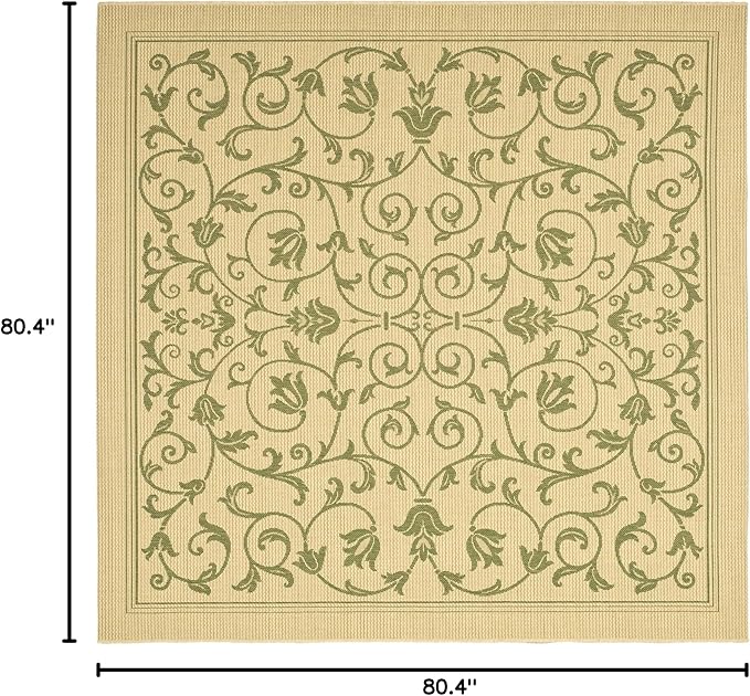 SAFAVIEH Courtyard Collection 6'7" Square Natural / Olive CY2098 Scroll Indoor/ Outdoor Waterproof Easy-Cleaning Patio Backyard Mudroom Area-Rug