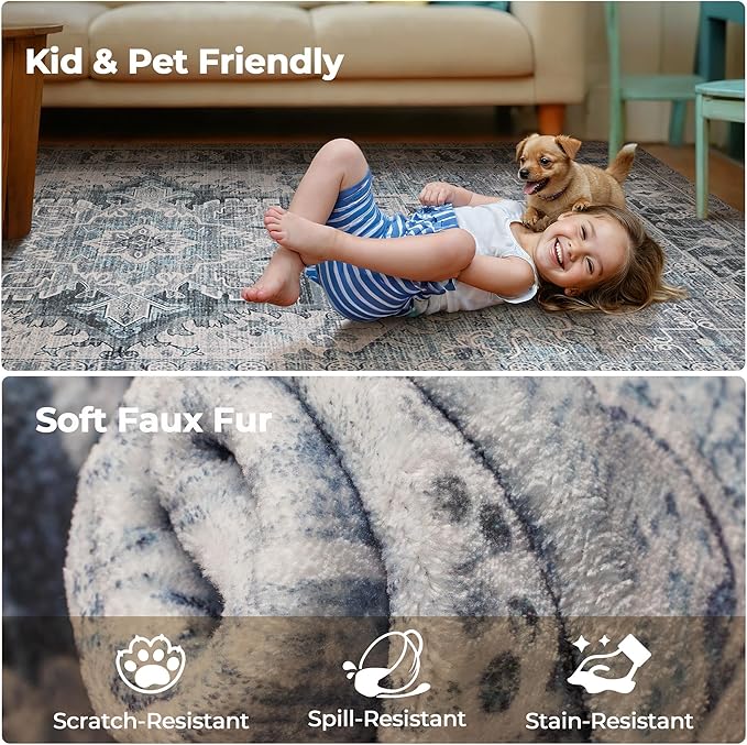 Washable Area Rugs Boho Non Slip Stain Resistant Thin Carpet Vintage Blue Printed Oriental Distressed 6x9 Rug for Living Room Bedroom Low Pile