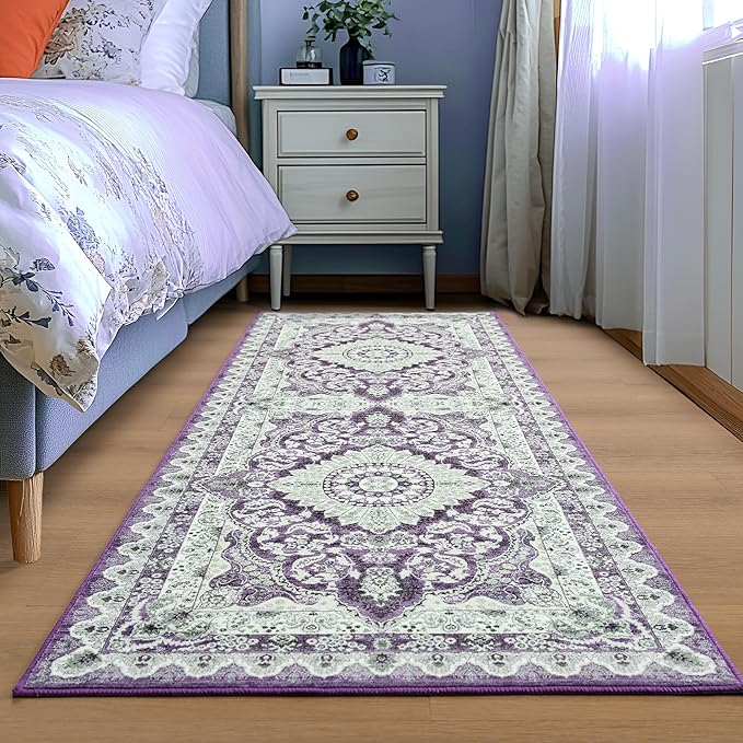 Foxmas Hallway Runner Rug, 2x6 Vintage Kitchen Runner Area Rugs Non Skid Washable, Low Pile Throw Rugs with Rubber Backing Carpet for Laundry Room Entryway Bedroom Home Decor, Purple